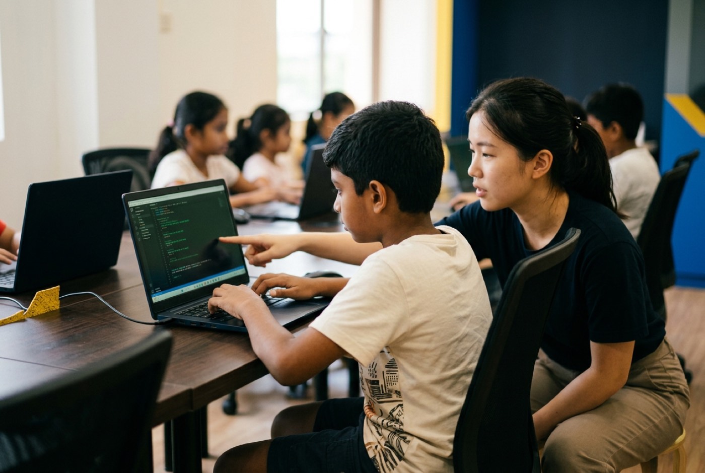 A trainer helping a student at a workstation in a modern kidocode campus room