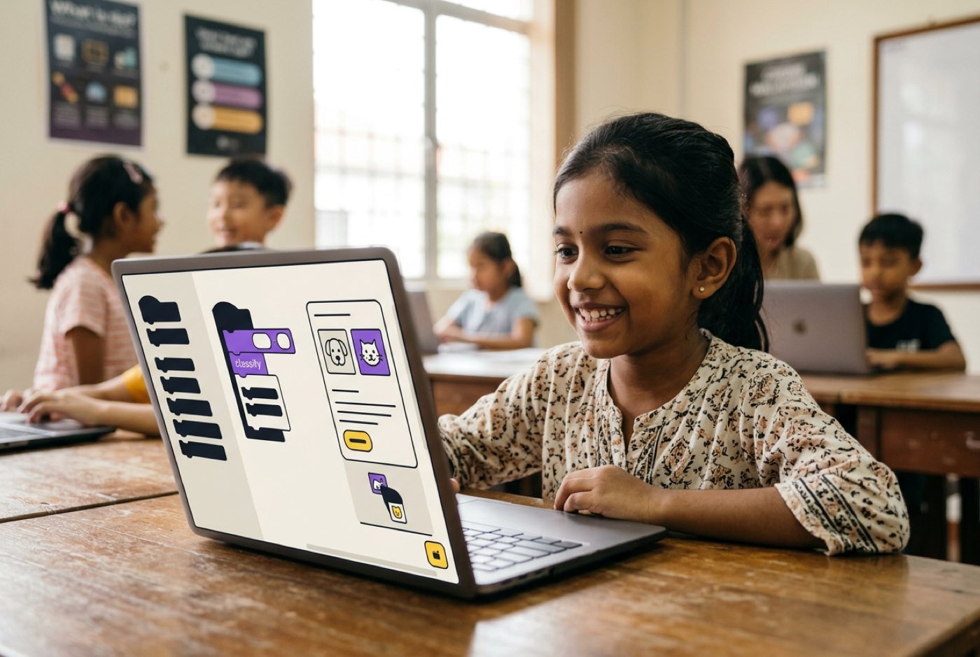 A young primary school child smiling at a computer screen showing a visual image classification block interface