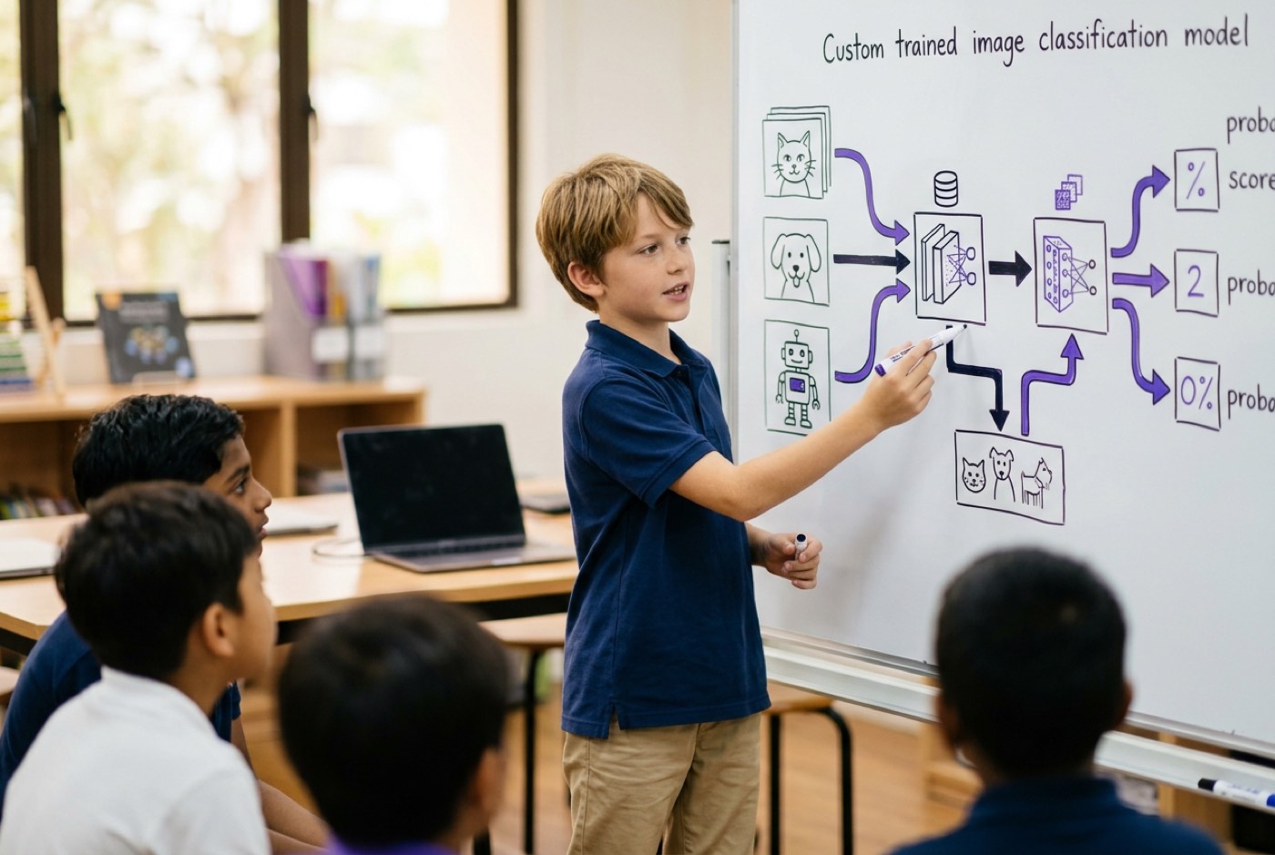 A primary school student explaining a custom trained image classification model flowchart on a whiteboard