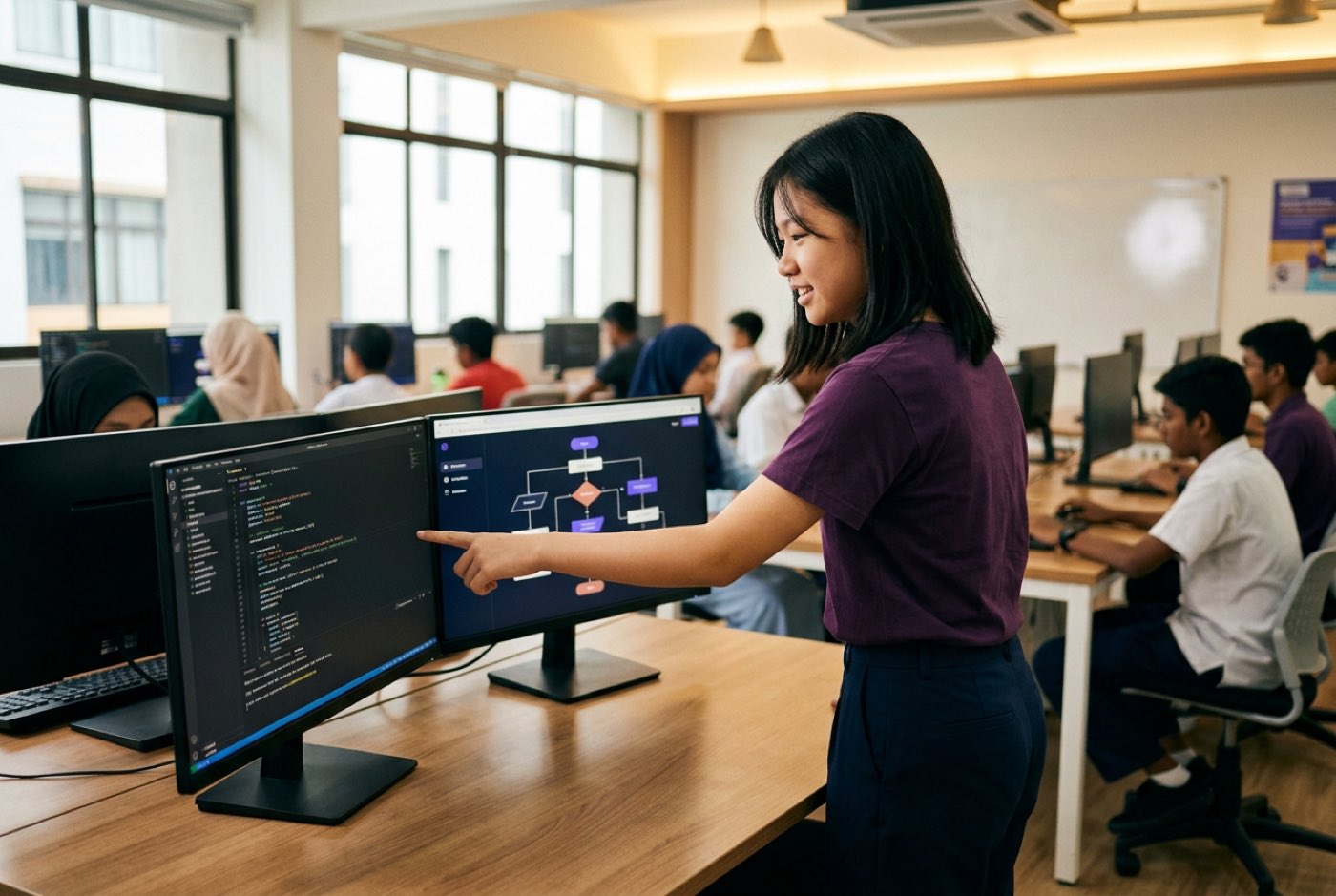 A teenager pointing at a dual monitor setup showcasing Python code and an interactive AI application flowchart