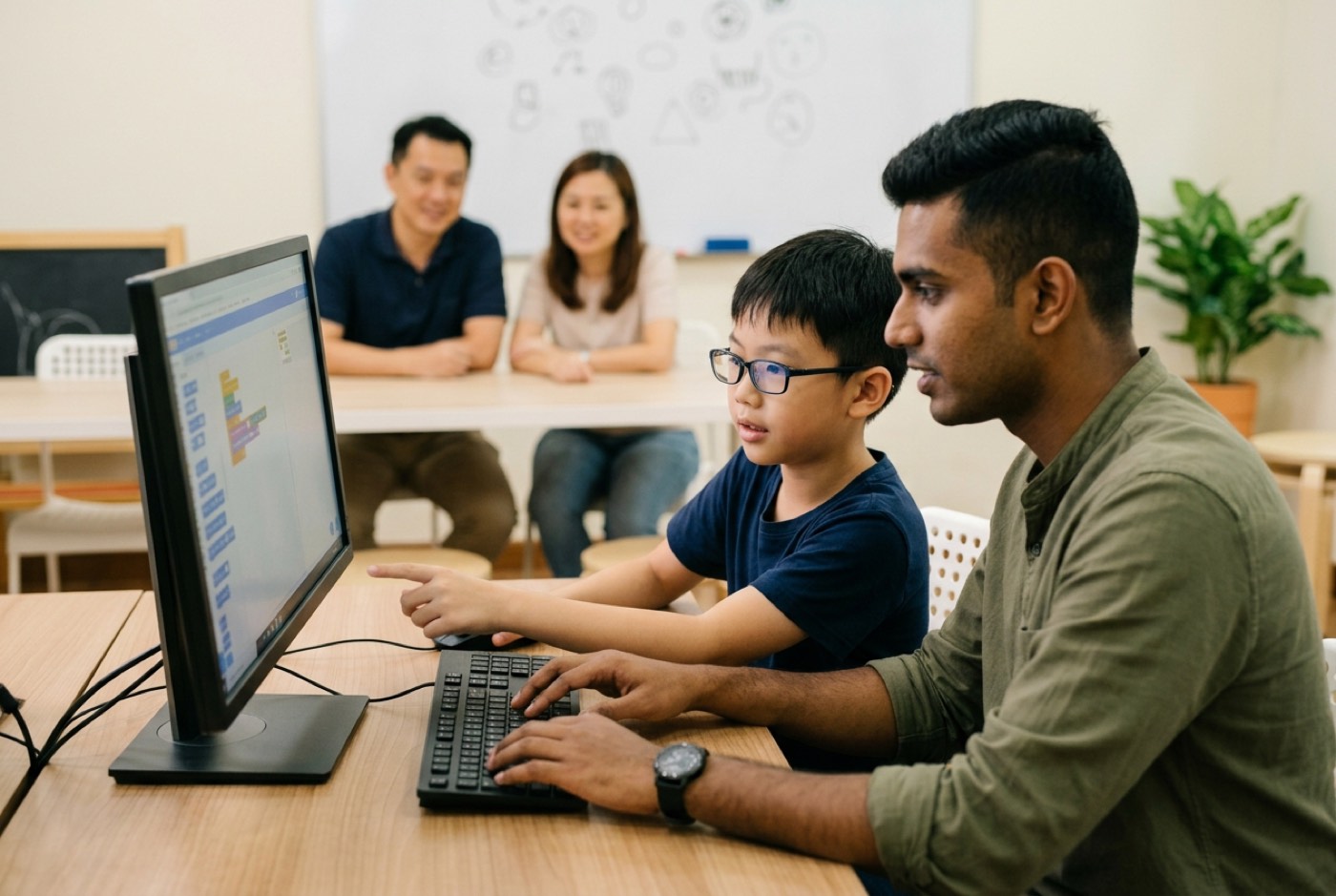 A child and an instructor sitting side by side at a computer monitor in a brightly lit learning space, working togeth...