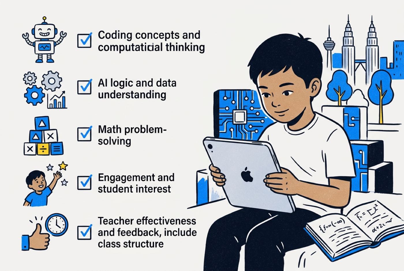 A comparison framework showing a structured checklist for parents evaluating an edtech trial session on a tablet screen