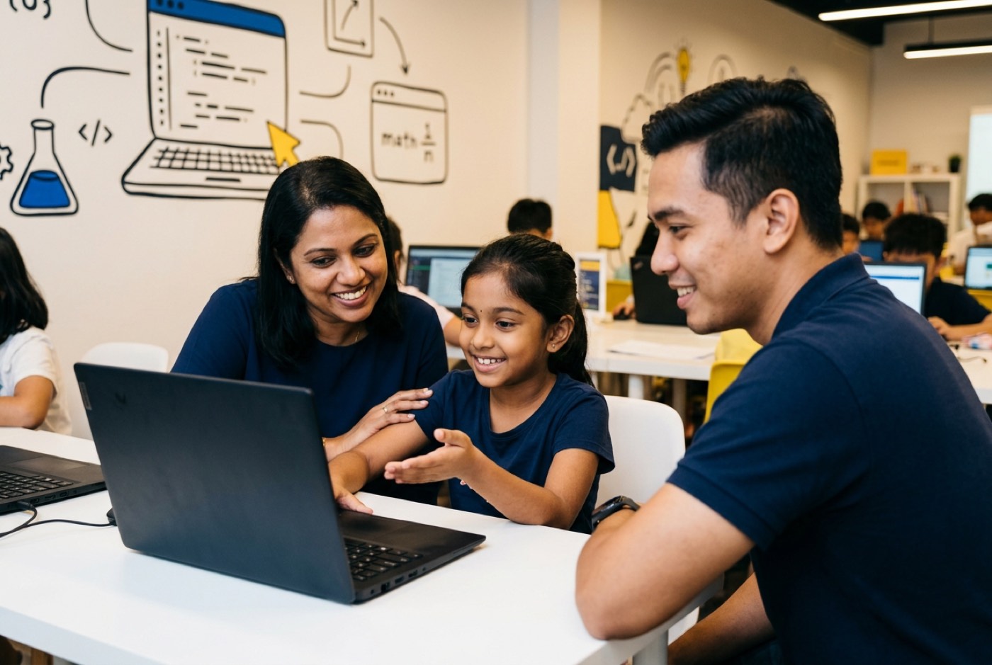 A parent and child seated at a modern tech workstation presenting a completed digital coding project to a instructor ...