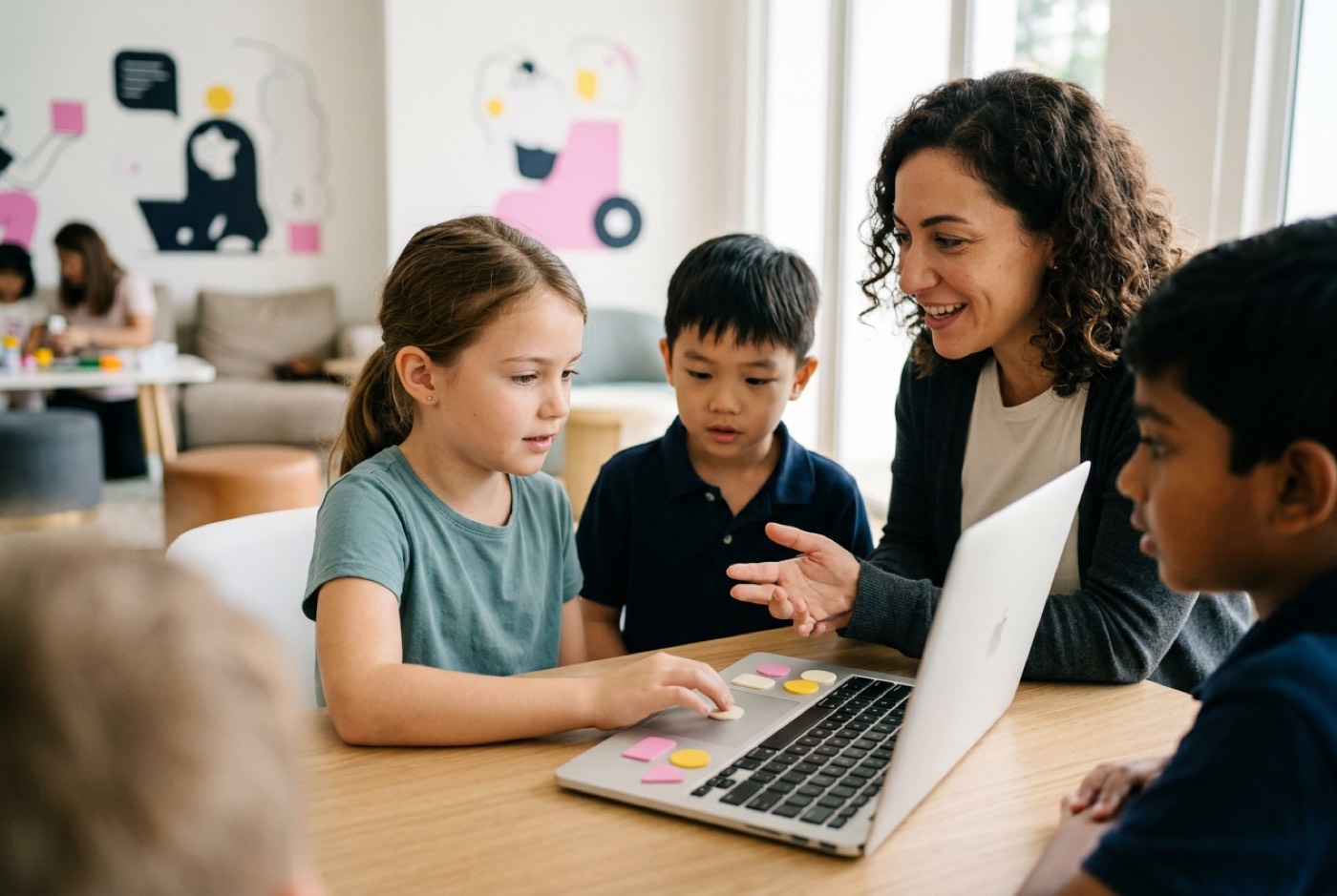 A diverse group of young children sitting around a table using laptops to sort colorful digital shapes on screen, gui...