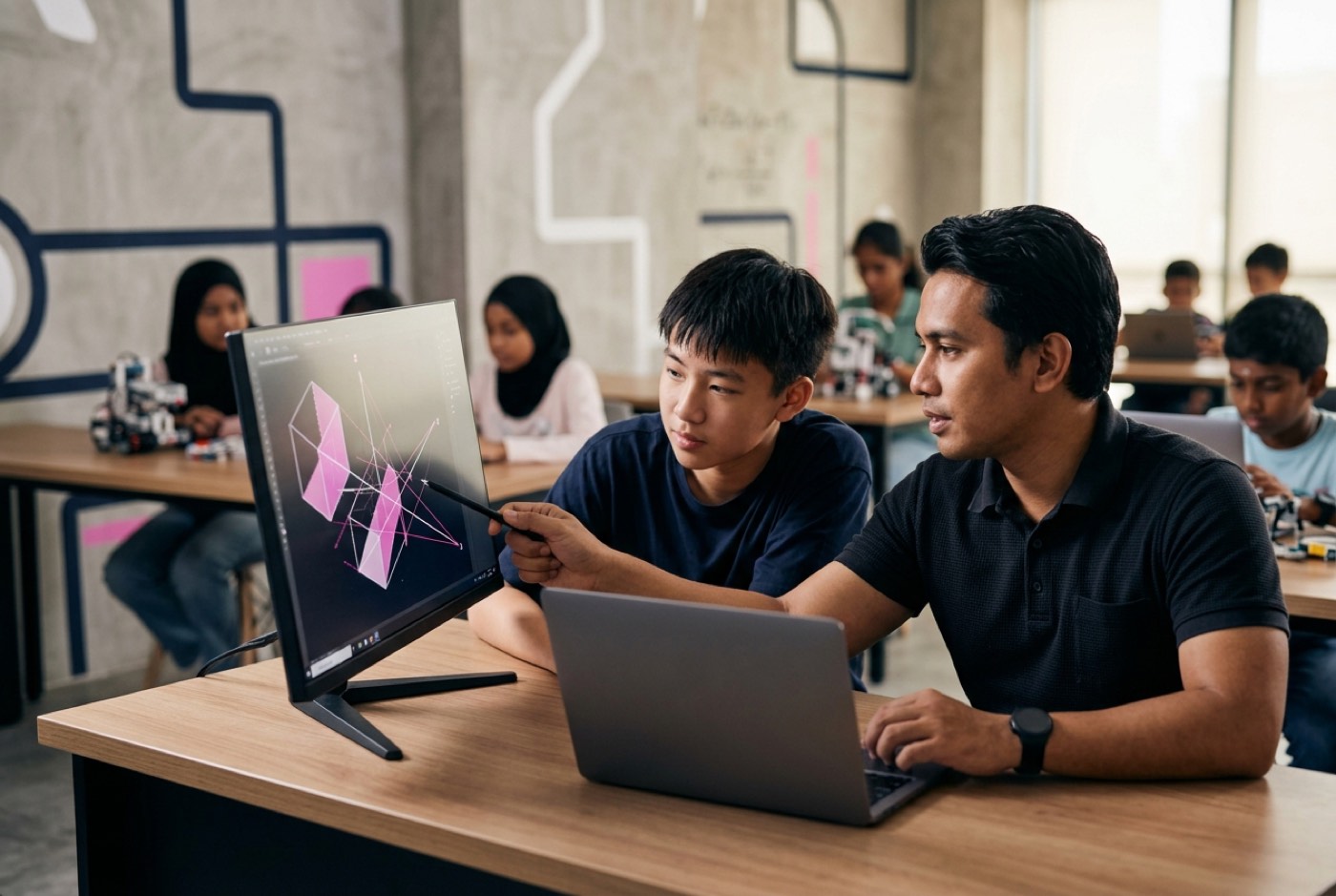 A teenage student working closely with an instructor at a sleek modern desk, looking at 3D vector diagram visualisati...