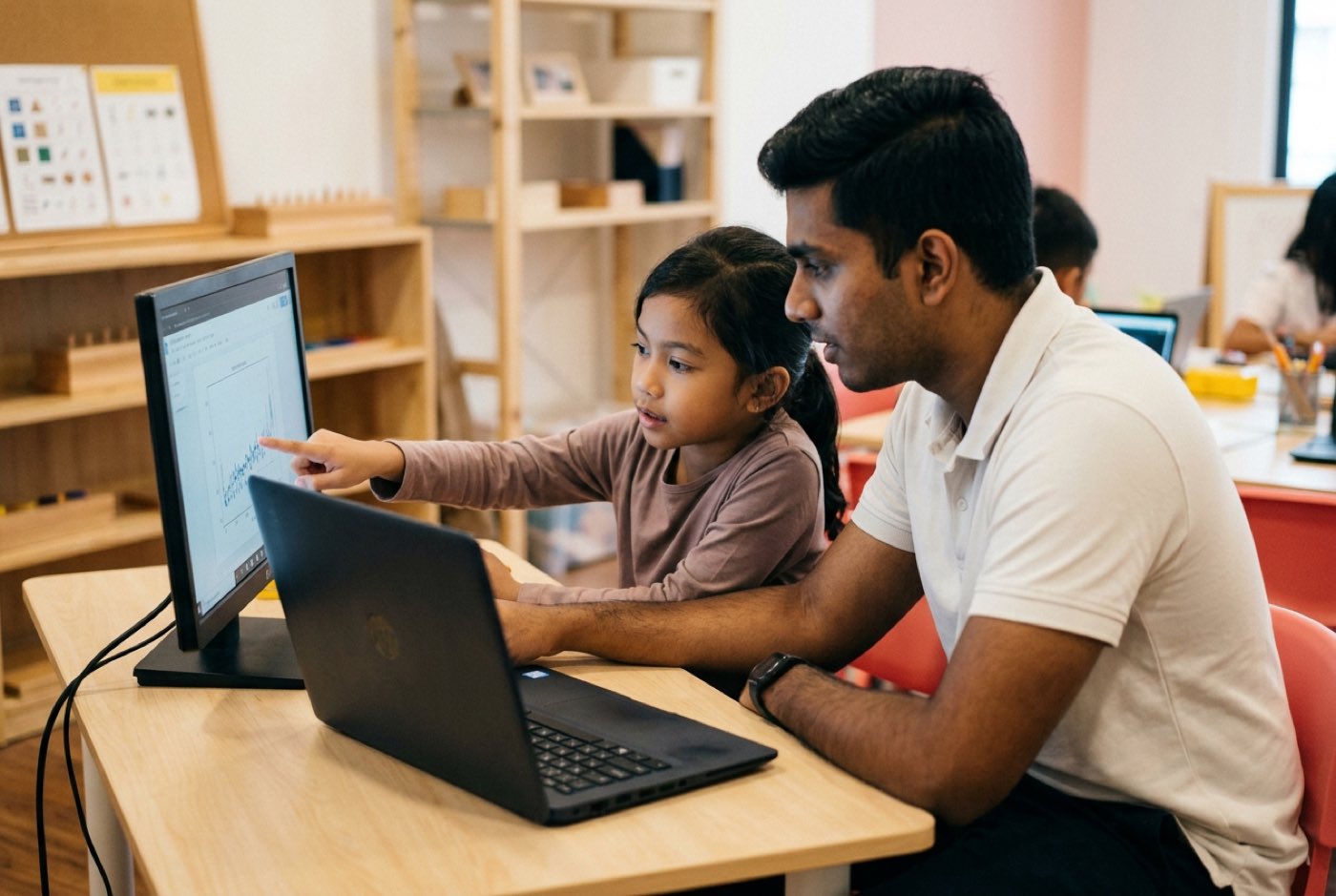 A warm classroom scene at a Kidocode campus showing a mentor sitting next to a young student as they build a machine ...