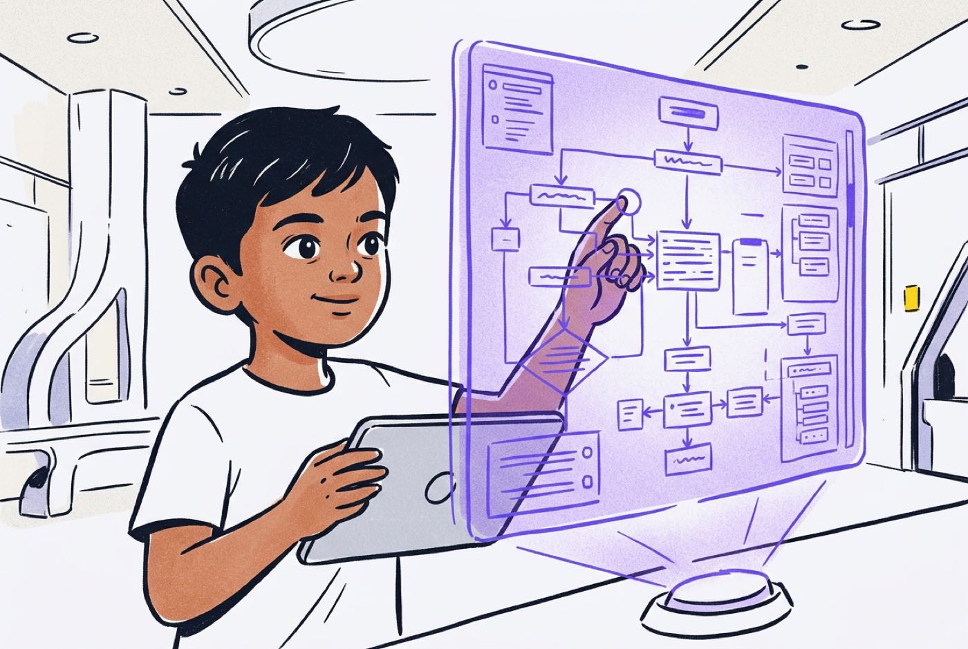 A young student working alongside an interactive holographic AI diagram, directing system workflows with confidence, ...