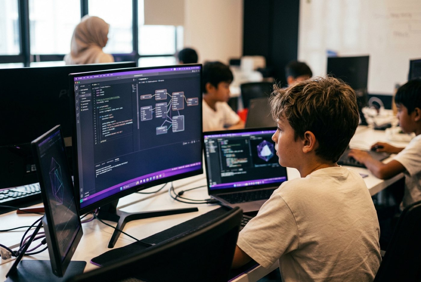 A modern multi-screen setup displaying python code, 3D logic models, and AI workflow nodes, representing multi-track ...