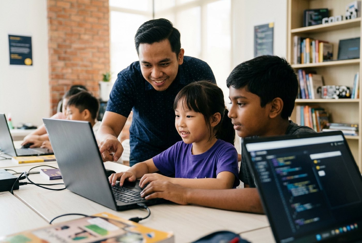 A instructor guiding two young students as they test an AI project on a laptop at a bright campus desk in Solaris Mon...